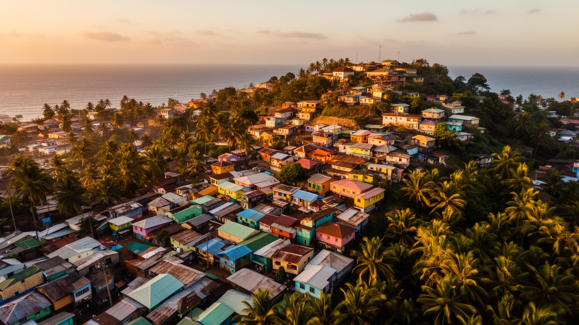 Aerial view of Freetown hillsides at golden hour